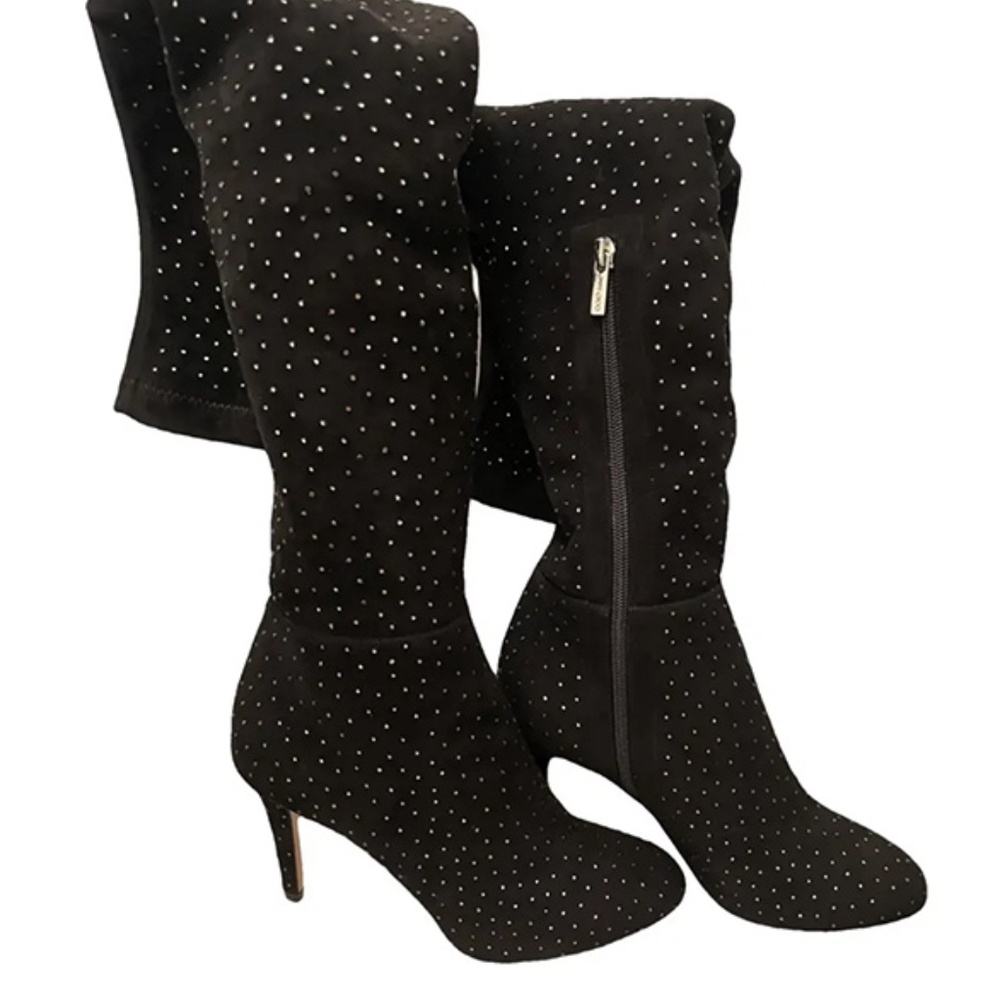Jimmy Choo Black Stretch Suede Crystal Embellished Thigh High Boots Size 36.5